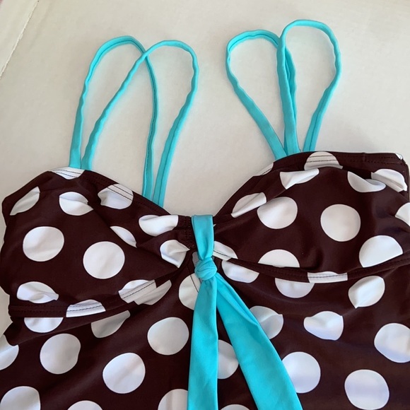 Ocean Dreams Size 12 Brown White Polka Dot Turquoise Double Straps Tankini - Picture 3 of 7